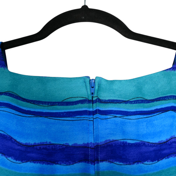 Kathie Lee Sheath Dress Womens Size 12 Blue Watercolor Lined Shoulder Pads - Picture 6 of 12